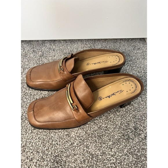 Thom Mcan Leather Heel Slip On Loafer mule Women’s 9 Gold Detail Block Heel - Picture 4 of 13